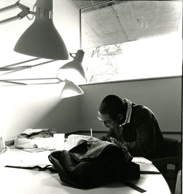 Photo of student studying in Burling basement