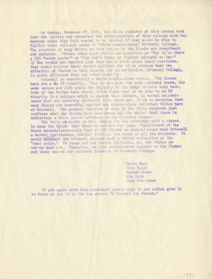 A statement supporting the "Blacks" and the Burling Takeover and signed by David Mura, Rick Faust, Gordon Brown, Jim Gold, Judy Kressman.