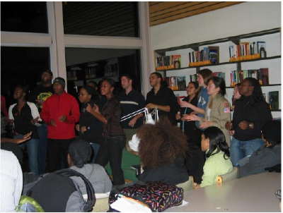 The Young, Black and Gifted Choir performs at the 2006 commemoration of the Burling Library Take Over. In 2006, CBS held an event commemorating the 1971 takeover of Burling Library. Fifty-five students with candles, representing the fifty-five students who took over Burling in 1971, marched from the Black Culture Center (BCC) to Burling. Once at Burling, the group read the Black Manifesto, enjoyed the Young, Gifted, and Black Gospel Choir’s performance, held a poetry reading, and discussed the ways the Burling Takeover changed Grinnell.
