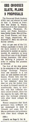 This article reports the first time that CBS approached the Student Government Association (SGA) for $400 dollars (about $3,618 dollars in 2024) to create a Black Library and a Black student newspaper. The article details 6 other proposals that CBS wanted to enact, many of which were later reflected in the Black Manifesto. 