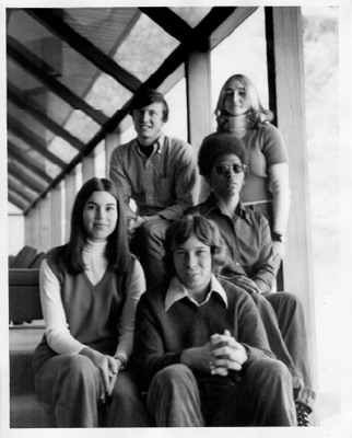Students in the Forum, December 12, 1973. Clockwise: Carol R. Breazeal, class of 1975; Lawrence R. Huntoon, class of 1974; Artace L. Kelting, class of 1976; Phyllis E. Dawson, class of 1974; Craig D. Zippe, class of 1976