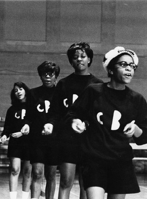 CBS cheerleaders, 1968. Front to back: Micki Weston, Unknown, Shirley, Linda Copeland. CBS was founded in 1968, when only 10 Black students attended Grinnell.