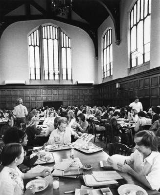 Students studying and eating in the dining hall on South Campus. The fifth demand of the Black Manifesto stated that “because we feel that the SAGA food service does not serve the types of food that are necessary to the survival of Black people, we want the right to decide whether or not we will take any of the board options”