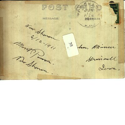  Postcard view of three early (1910s) automobiles, one a Ford and one an Oakland. The postcard was sent on June 12, 1911 from Mort(?) Powers of New Sharon, Iowa, to John Mincer of Grinnell, Iowa. The X under the automobile on the right probably identifies Mr. Powers. Photo was possibly taken in New Sharon. Drake Community Library (Grinnell, Iowa) Archives. McNally photographs. Collection #1, Series #1-1.